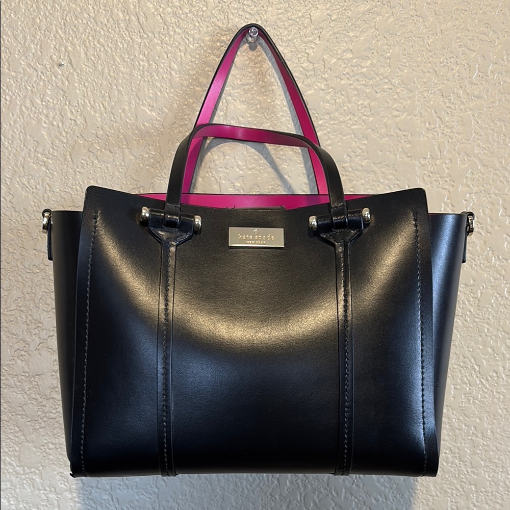 Kate Spade Tote Leather Black Exterior, Bright Pink Interior